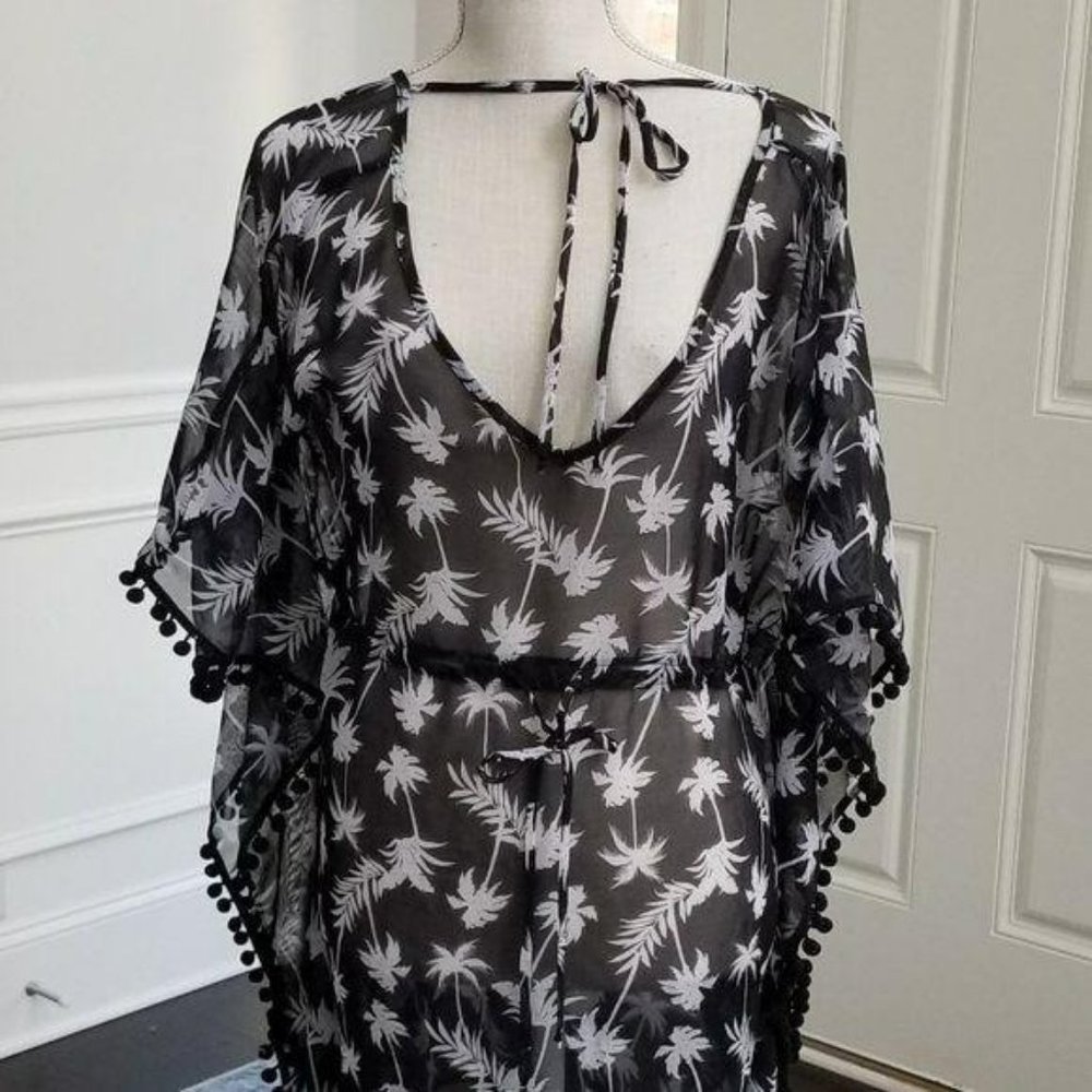 Miken Sheer Swim Coverup Black with Palm Print Size Large